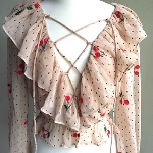 NBD Pink Floral Ruffle Blouse
